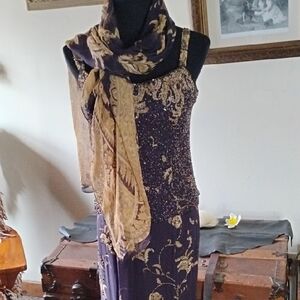 Jovani Purple and Gold Beaded Evening Gown with Matching Scarf